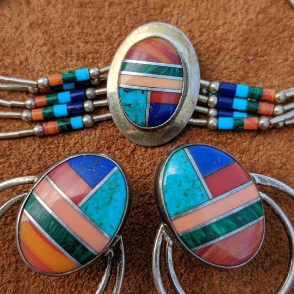 Vintage sterling silver, channel inlay, beaded Navajo earrings & bracelet set - Picture 3 of 5
